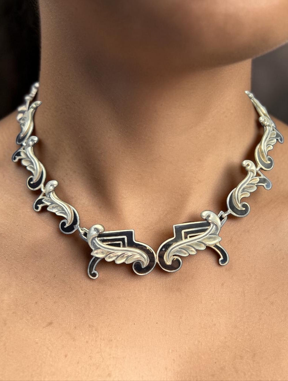 MCM Margot de Taxco Sterling Silver Black Enamel Leaf Necklace 86+g